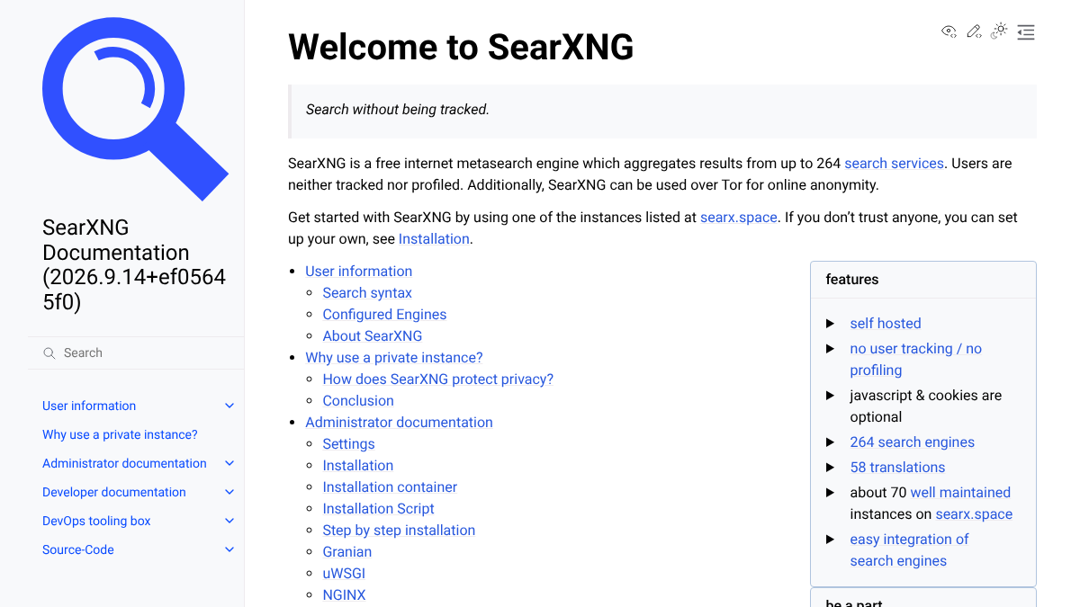 The SearXNG documentation homepage, tagged Search without being tracked, listing 264 aggregated search engines, self-hosting instructions, and roughly 70 public instances
