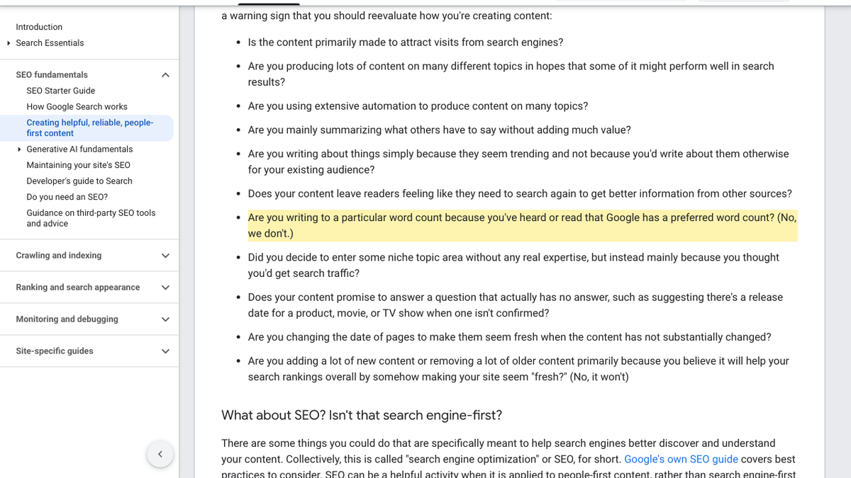 Google Search Central's helpful content guidance, with the question "Are you writing to a particular word count because you've heard or read that Google has a preferred word count? (No, we don't.)" highlighted