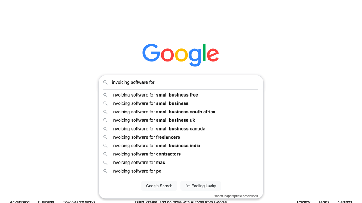Google autocomplete for "invoicing software for" on October 19, 2026, suggesting small business free, small business, small business in South Africa, UK, Canada and India, freelancers, contractors, mac and pc