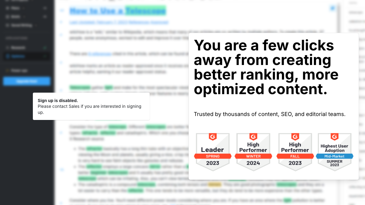 MarketMuse signup page showing a Sign up is disabled message over a blurred Optimize editor