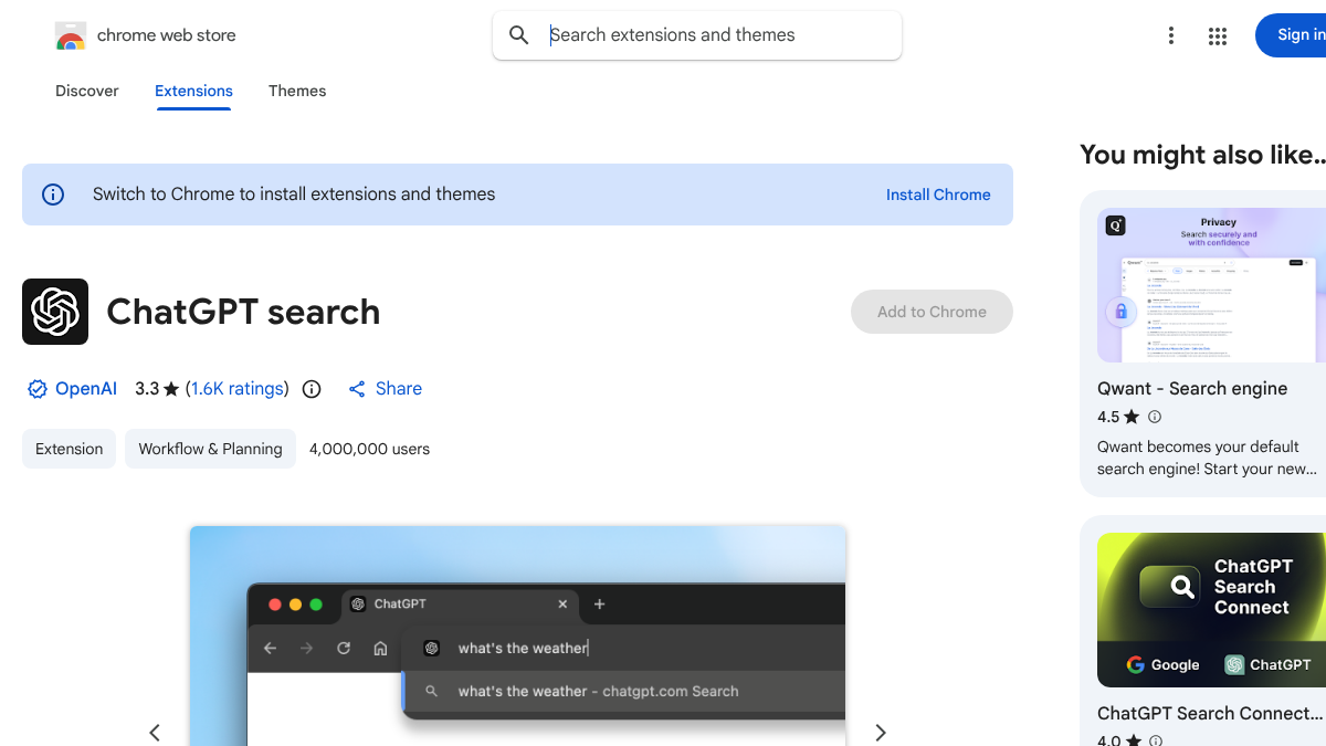 Chrome Web Store page for OpenAI's ChatGPT search extension, showing a 3.3 star rating from 1.6K ratings and 4,000,000 users