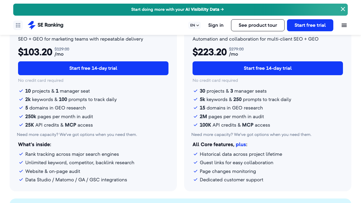 SE Ranking pricing page showing Core at $129 a month with 2,000 keywords and 100 prompts tracked daily, and Growth at $279 with 5,000 keywords and 250 prompts