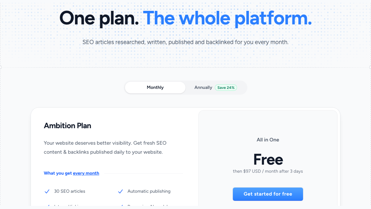 BlogSEO pricing page reading One plan, the whole platform, with the Ambition plan listing 30 SEO articles and automatic publishing, free for three days then $97 a month