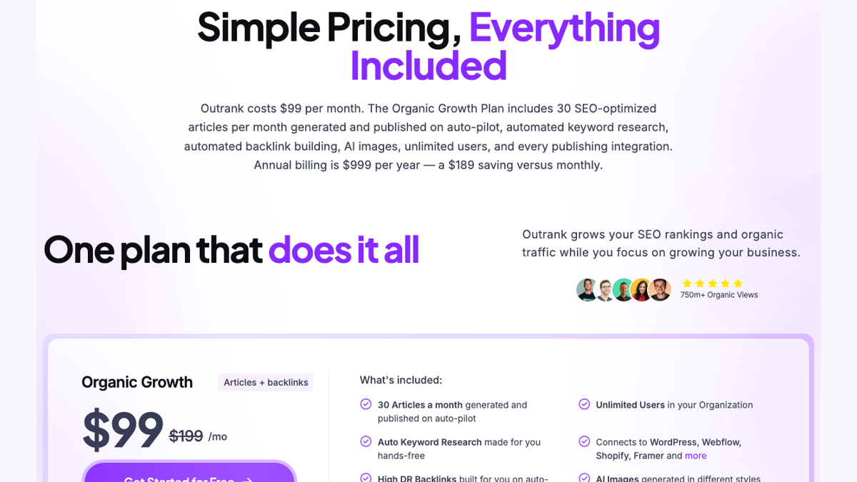 Outrank pricing page showing the Organic Growth plan at $99 a month with a struck-through $199, 30 articles a month published on auto-pilot, unlimited users, auto keyword research and integrations with WordPress, Webflow, Shopify and Framer