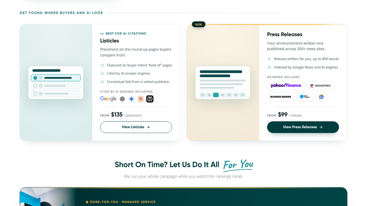 Rhino Rank pricing page showing a Listicles product labeled Best for AI citations from $135 per placement, and Press Releases from $99 per release across 300-plus news sites