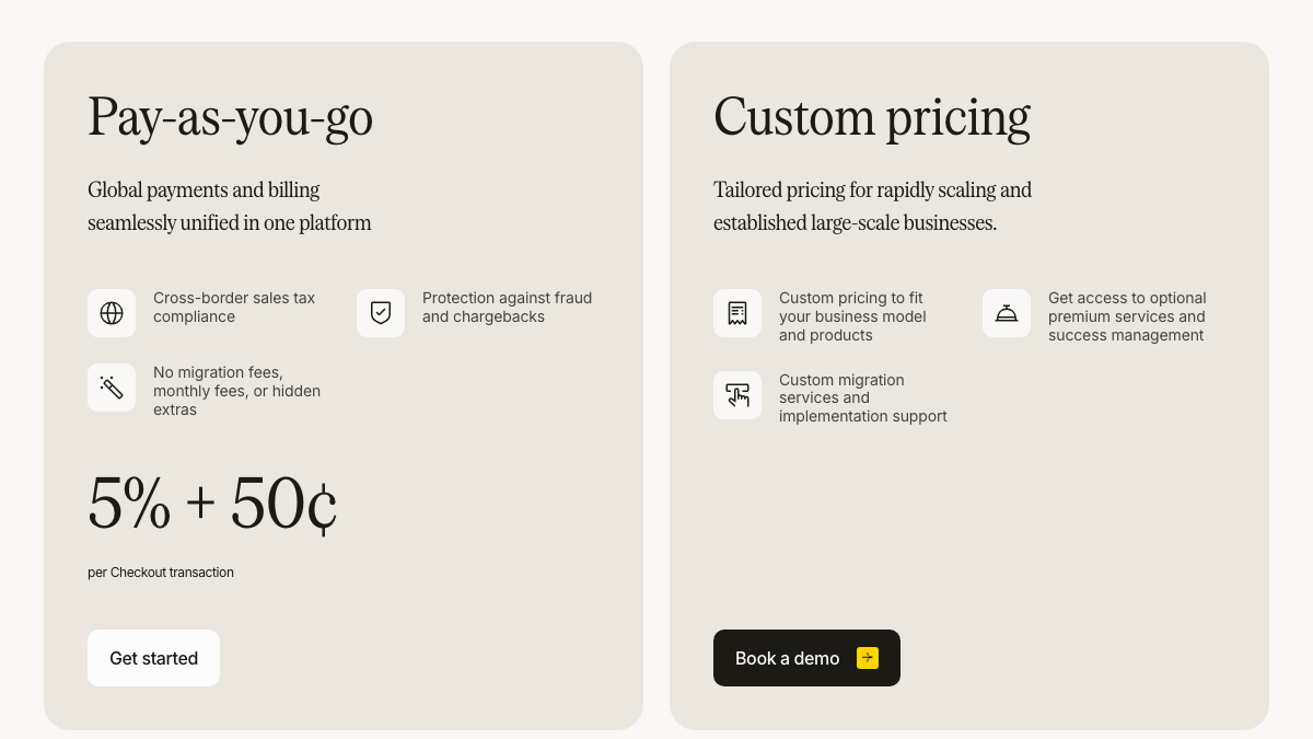 Paddle pricing page showing pay-as-you-go pricing at 5% plus 50 cents per checkout transaction, including cross-border sales tax compliance, protection against fraud and chargebacks, and no migration or monthly fees, alongside a custom pricing option