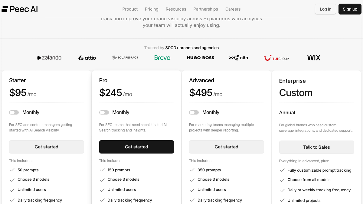 Peec AI pricing cards for Starter at $95, Pro at $245, Advanced at $495 and Enterprise at custom pricing, each self-serve plan listing Choose 3 models