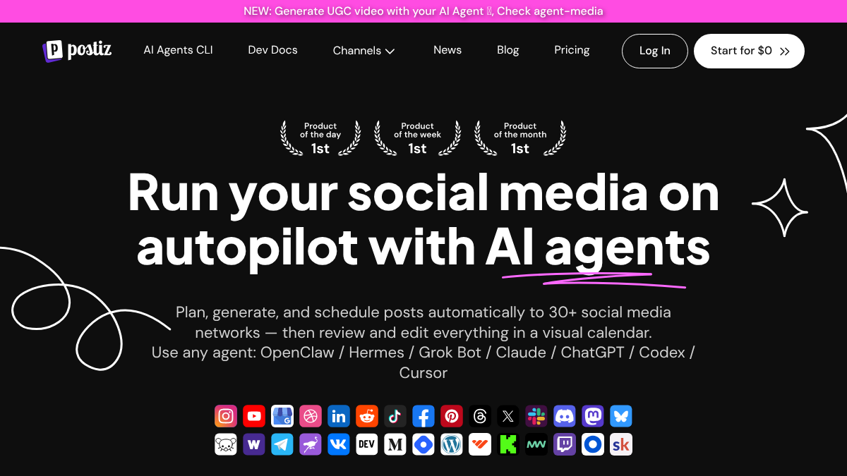 Postiz homepage headline reading run your social media on autopilot with AI agents, above a grid of thirty-plus social network icons