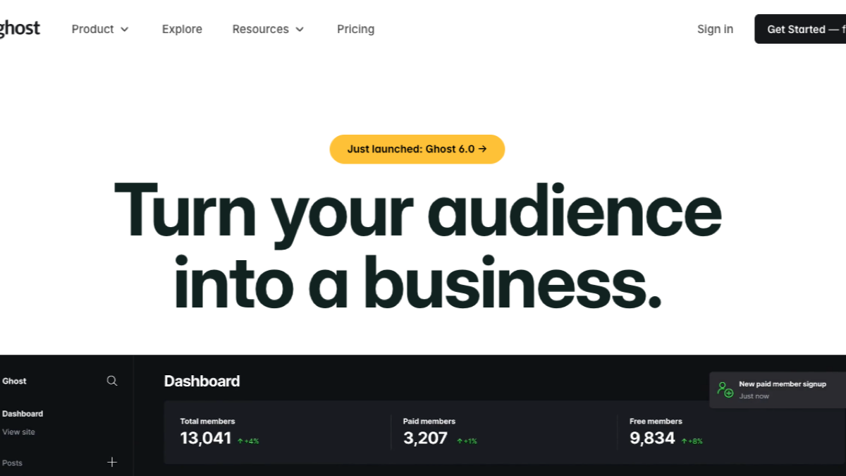 Ghost homepage announcing Ghost 6.0 with the platform's audience-to-business positioning and admin dashboard preview