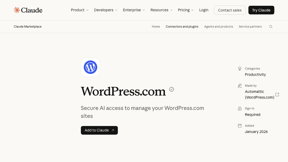 Claude Marketplace listing for the WordPress.com connector, made by Automattic, with sign-in required and added January 2026
