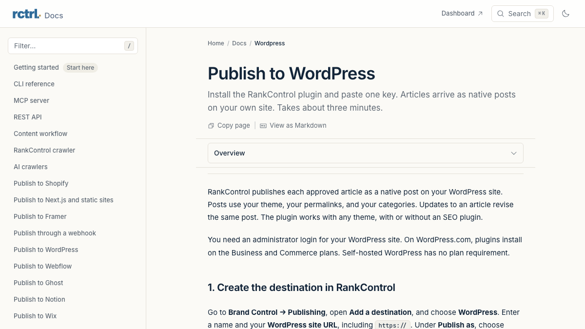 RankControl docs page Publish to WordPress, explaining that the plugin publishes each approved article as a native post in about three minutes