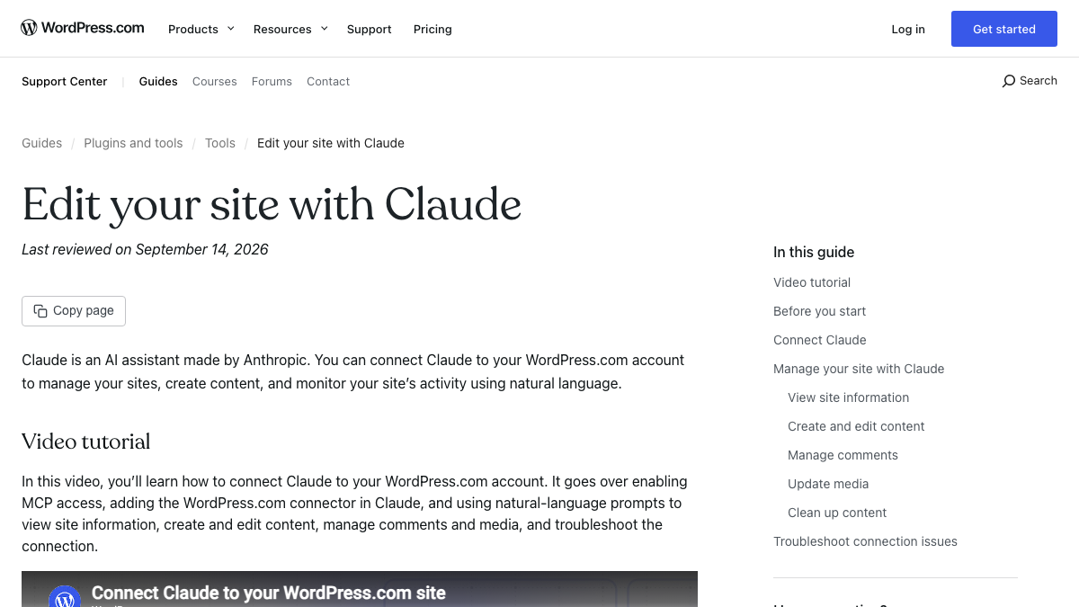 WordPress.com support guide titled Edit your site with Claude, last reviewed September 14, 2026, describing how to manage sites and create content with Claude