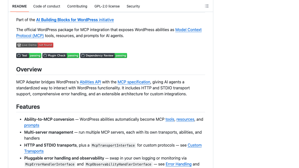 WordPress MCP Adapter README on GitHub, describing the official WordPress package for MCP integration with HTTP and STDIO transport support