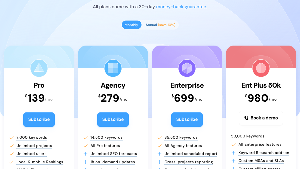 Advanced Web Ranking pricing cards on monthly billing: Pro at $139, Agency at $279, Enterprise at $699 and Ent Plus 50k at $980 per month, with keyword allowances listed under each