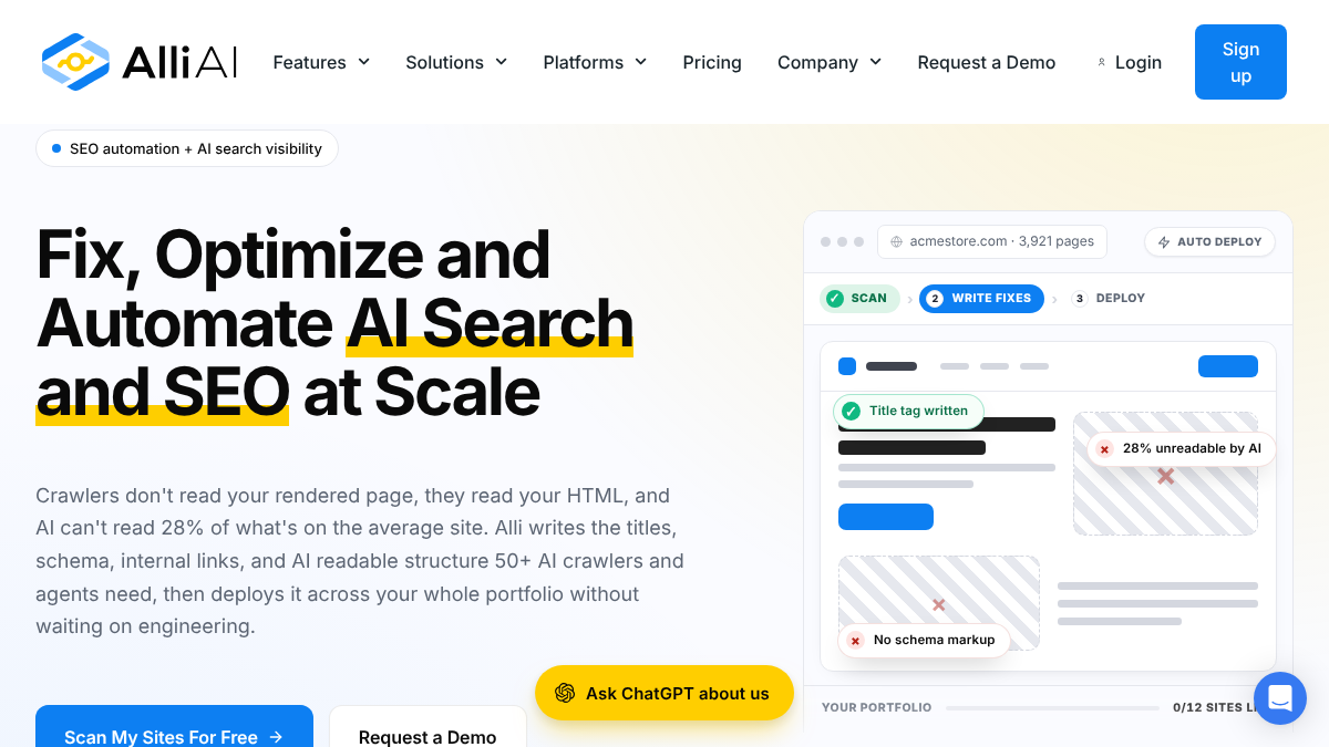 Alli AI homepage with the headline Fix, Optimize and Automate AI Search and SEO at Scale and a mockup that scans a 3,921-page store and writes fixes