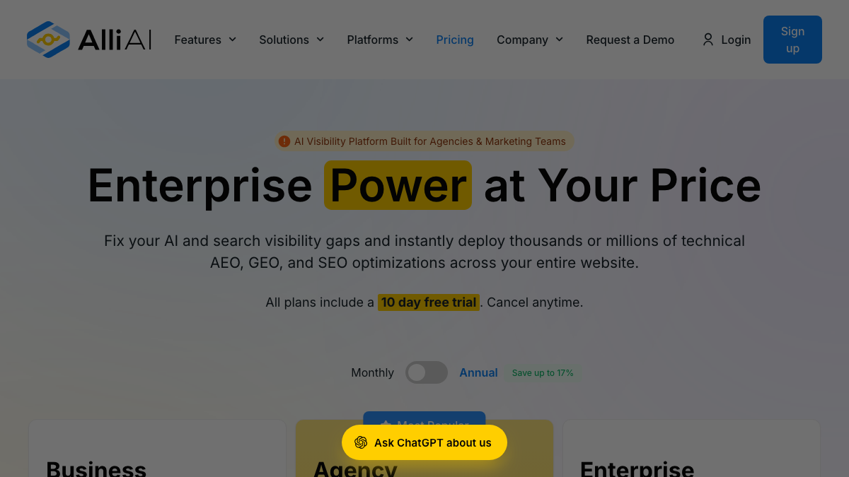 Alli AI pricing page with Business at $299 a month, Agency at $599 and Enterprise priced individually, above a line saying all plans include a 10 day free trial