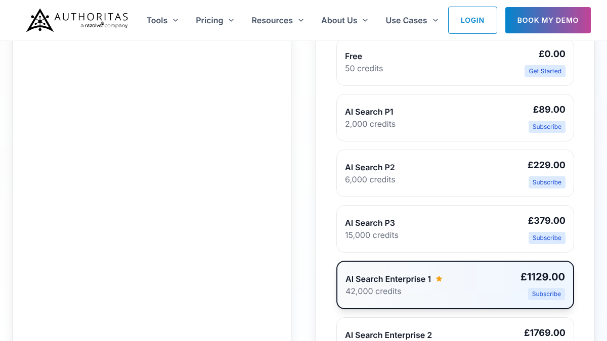 Authoritas AI Search plans list with Free at 50 credits, P1 at £89 for 2,000 credits, P2 at £229, P3 at £379 and Enterprise 1 at £1,129 a month