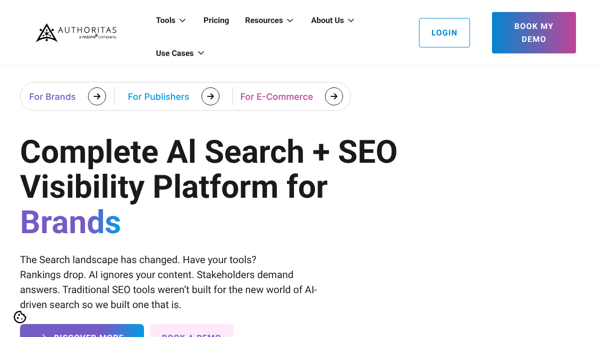 Authoritas homepage with the headline Complete AI Search + SEO Visibility Platform for Brands and a logo reading a rezolve company