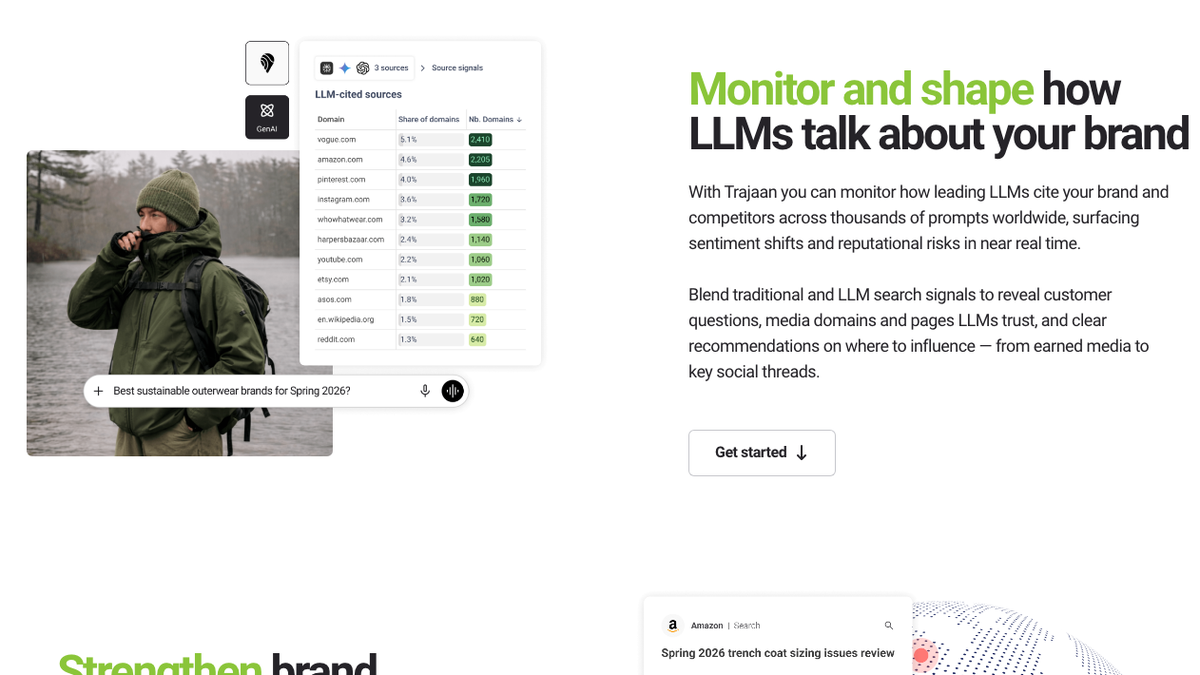 Brandwatch Search Intelligence page with an LLM-cited sources table and the heading Monitor and shape how LLMs talk about your brand