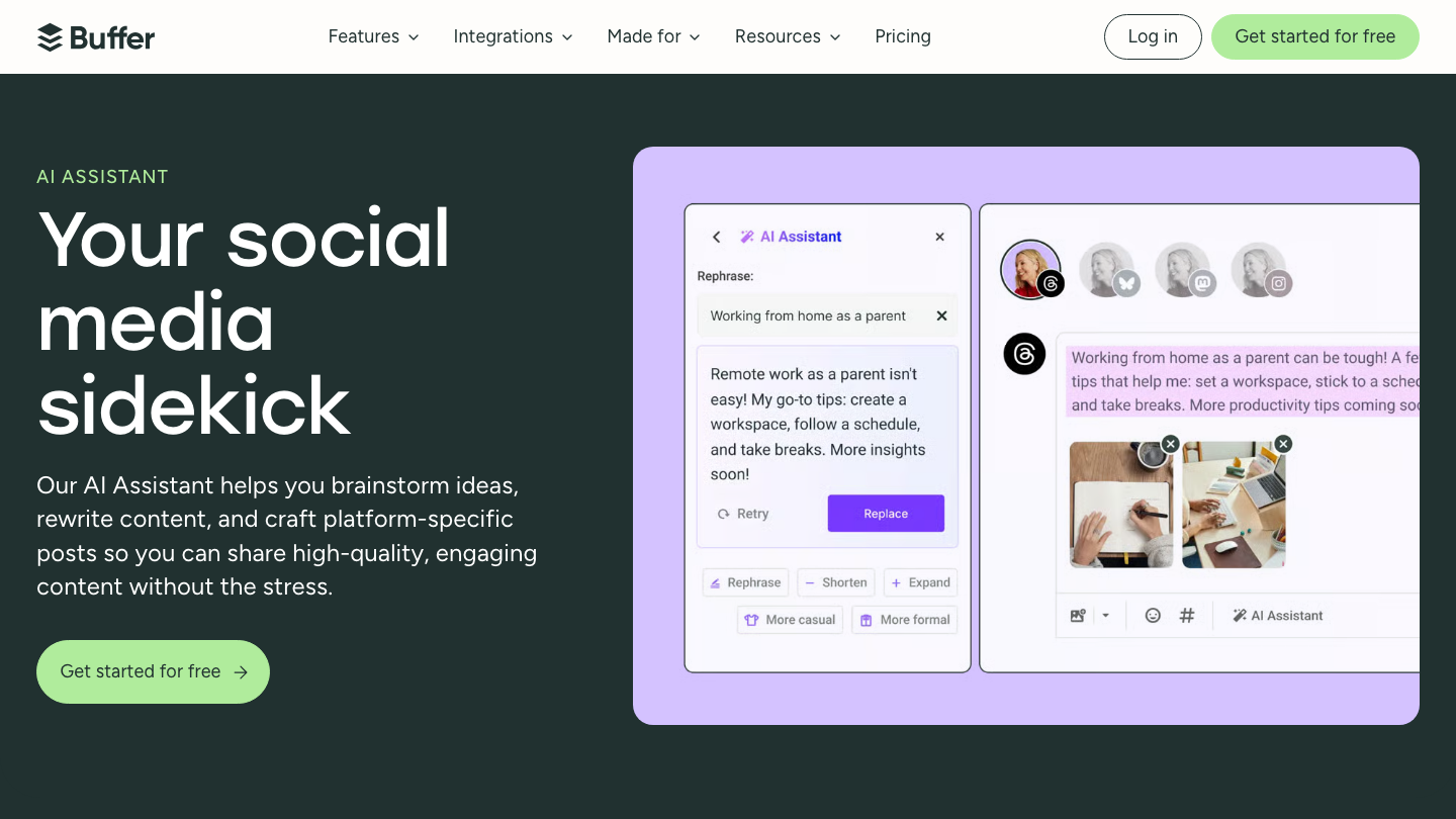 Buffer AI Assistant page describing a social media sidekick that helps brainstorm ideas, rewrite content and craft platform-specific posts, with a rephrase panel over a post draft