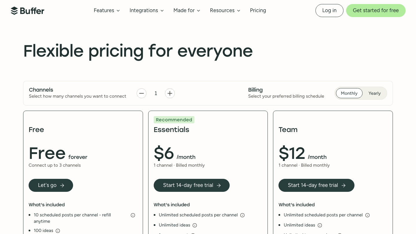 Buffer pricing page with Free, Essentials at $6 per month and Team at $12 per month for one channel billed monthly, each with a 14-day free trial on the paid plans