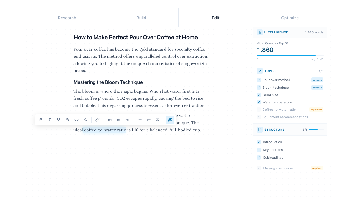 Byword editor with a generated draft beside panels for word count against the top 10 results and topic coverage