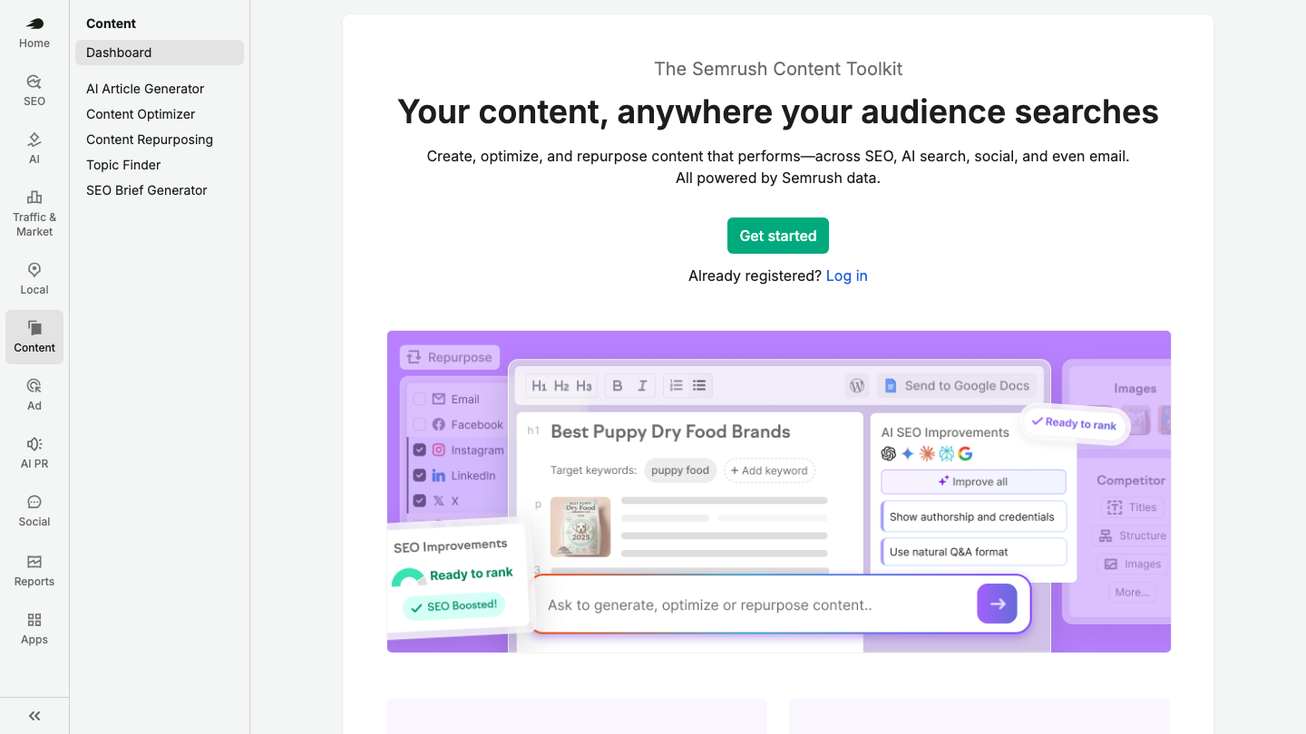 Semrush Content Toolkit landing page with an editor mockup showing AI SEO improvements such as authorship and Q&A format suggestions, a Ready to rank badge and repurposing options