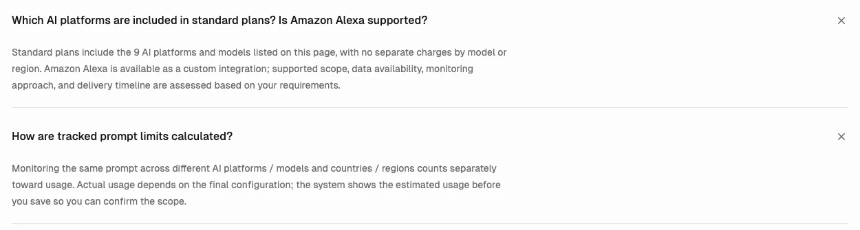 Dageno pricing FAQ saying standard plans include the nine AI platforms listed with no separate charges by model or region, and that the same prompt monitored across different platforms and regions counts separately toward usage