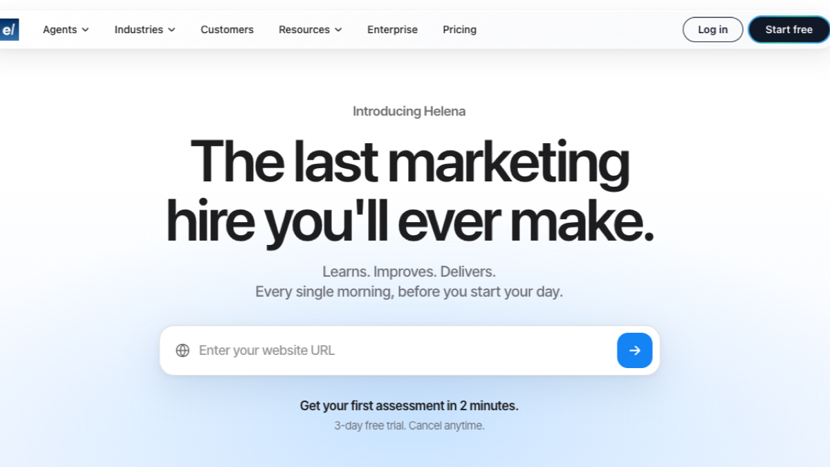 Enrich Labs homepage introducing Helena as the last marketing hire you'll ever make, with a website URL field for a two-minute assessment