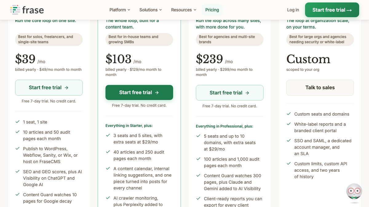 Frase pricing page with Starter at $39, Professional at $103 and Scale at $239 per month billed yearly, listing articles, publishing destinations and AI Visibility engines per plan