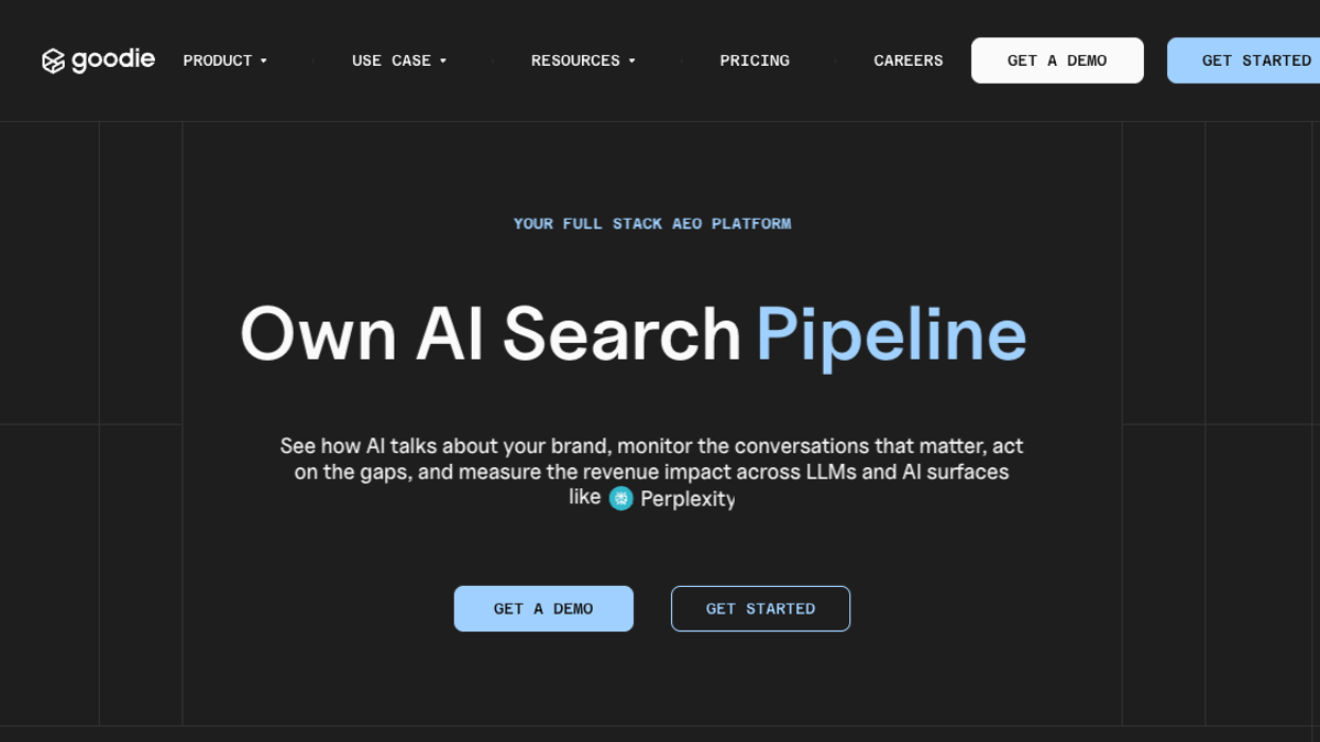 Goodie AI homepage positioning the full-stack AEO platform for owning AI search revenue, growth, pipeline, and visibility