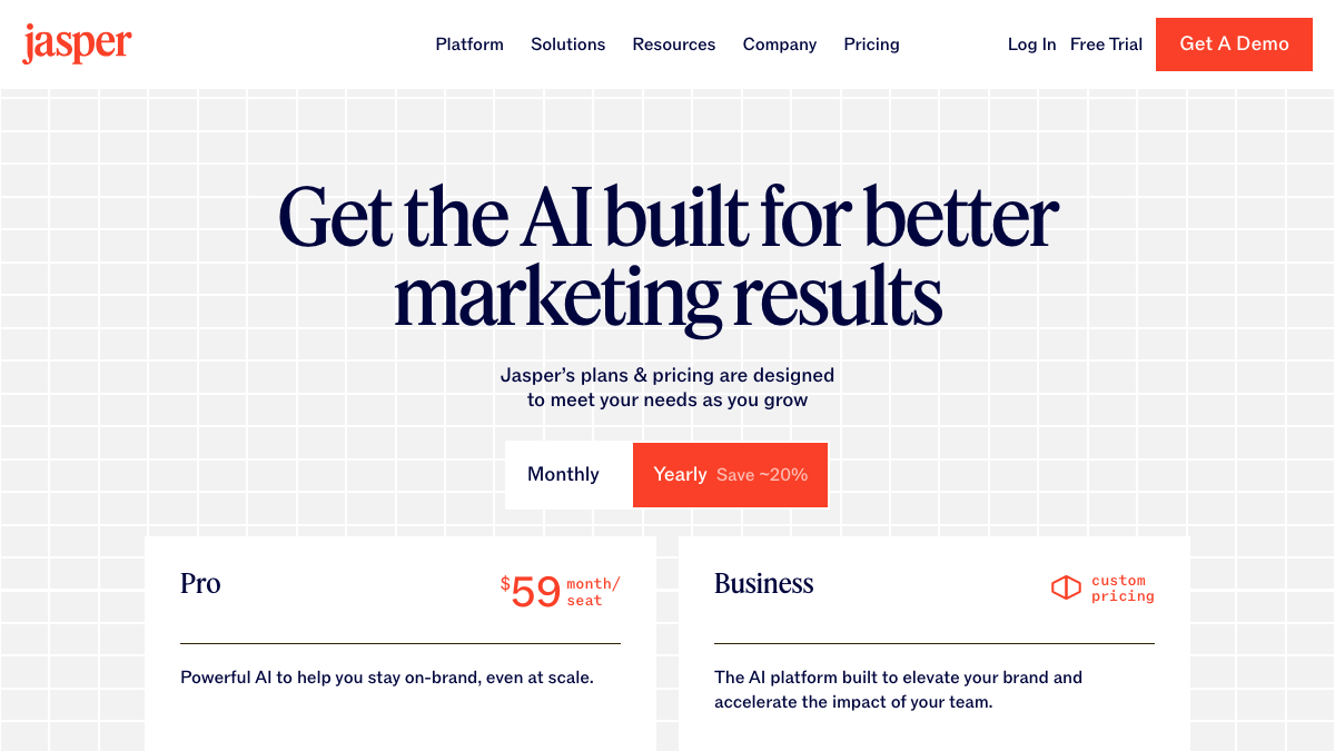 Jasper pricing page showing the Pro plan at $59 per month per seat billed yearly and the Business plan at custom pricing