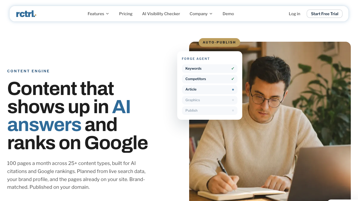 RankControl content engine page showing the Forge agent moving an article through keywords, competitors, article, graphics and publish steps
