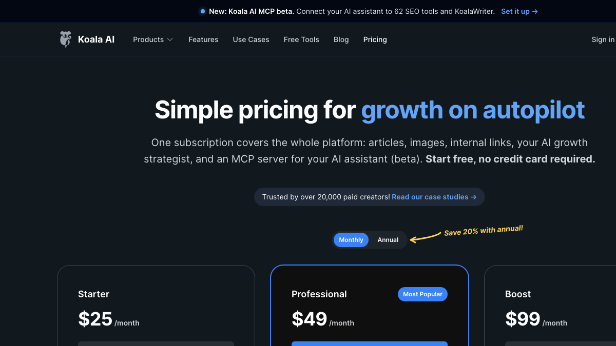 Koala AI pricing page with Starter at $25, Professional at $49 and Boost at $99 a month, and a banner for the Koala AI MCP beta
