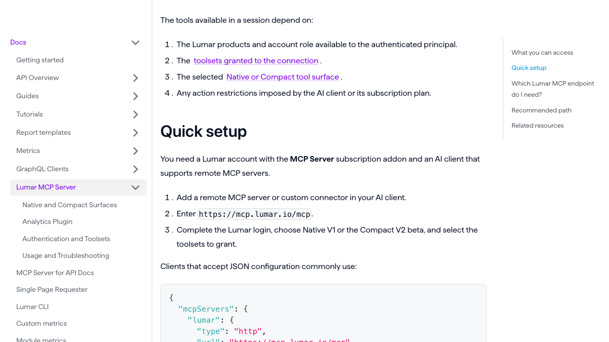 Lumar API documentation quick setup section stating that you need a Lumar account with the MCP Server subscription addon and an AI client that supports remote MCP servers