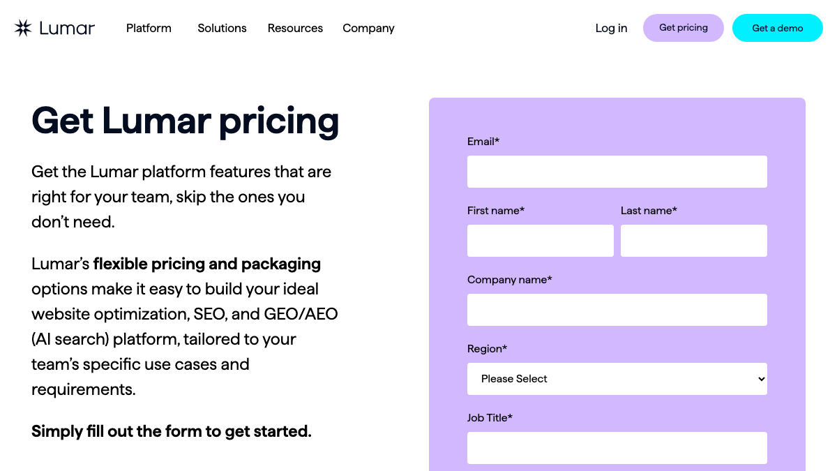Lumar pricing page with the heading Get Lumar pricing, copy about flexible pricing and packaging tailored to each team, and a form asking for email, name, company, region and job title
