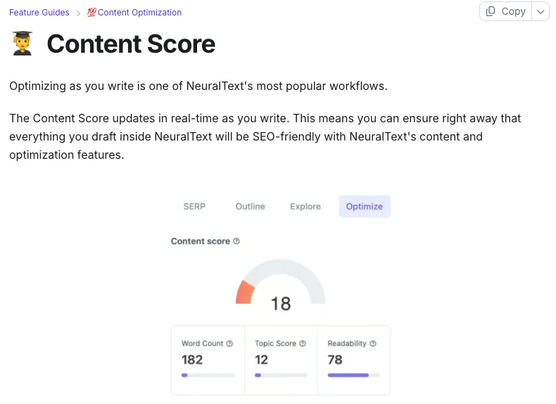 NeuralText content score panel from its docs, with a score gauge at 18 and word count, topic score and readability scores beneath it