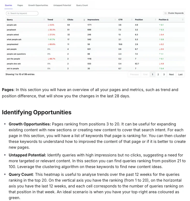 NeuralText docs page on analyzing performance data, showing a queries table with trend, clicks, impressions, CTR and position change, above the Growth Opportunities, Untapped Potential and Query Count descriptions