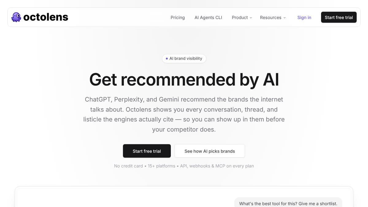 Octolens AI visibility page with the headline Get recommended by AI, saying ChatGPT, Perplexity and Gemini recommend the brands the internet talks about