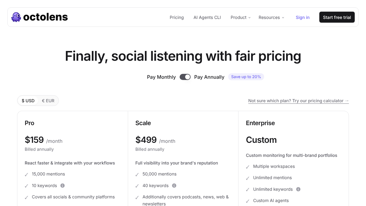 Octolens pricing page with Pro at $159 a month and Scale at $499 a month billed annually, and Enterprise at a custom price