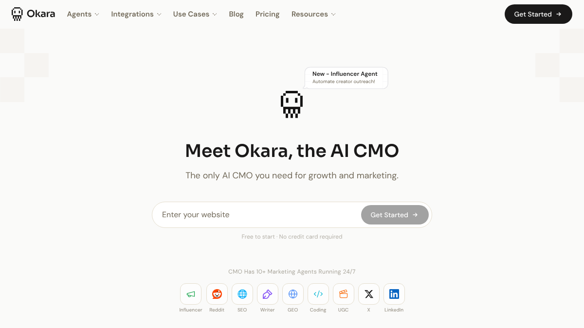 Okara homepage introducing the AI CMO with a row of ten agent icons including SEO, GEO, Reddit, writer, coding, UGC, X, and LinkedIn, free to start with no credit card