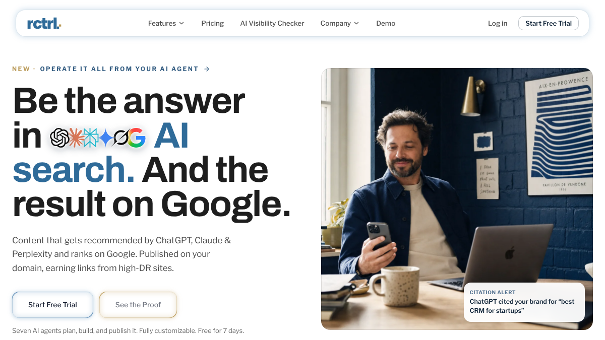 RankControl homepage with the headline Be the answer in AI search and the result on Google, describing content published on your domain and a seven-day free trial
