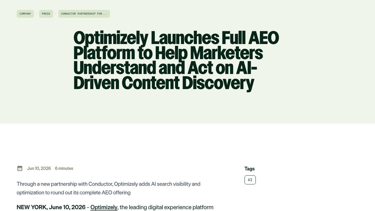 Optimizely press release dated June 10, 2026, titled Optimizely Launches Full AEO Platform, with a subheading about a new partnership with Conductor