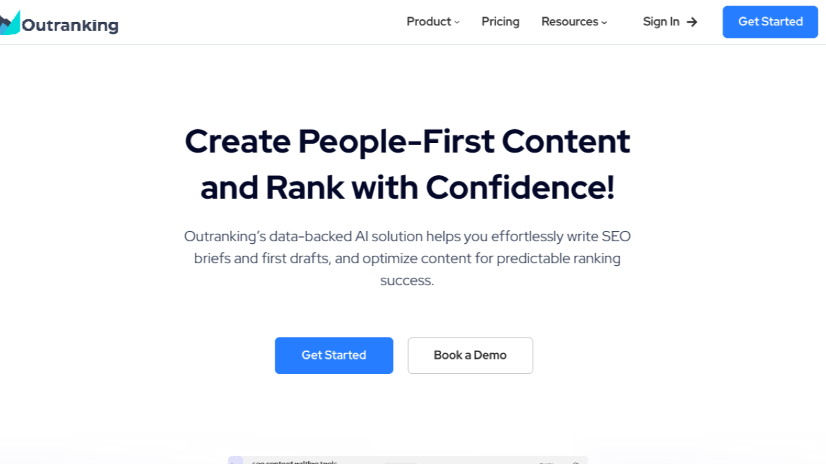Outranking homepage promising people-first content and predictable ranking success through SEO briefs, drafts, and optimization