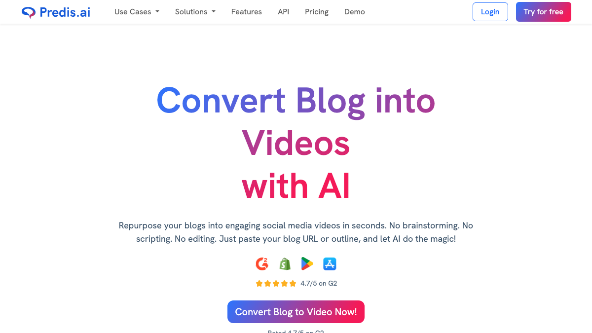 Predis blog to video page inviting users to paste a blog URL and convert the post into a social media video with AI