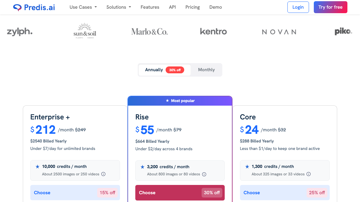 Predis pricing page showing the Enterprise+, Rise and Core plans billed yearly at $212, $55 and $24 a month with 10,000, 3,200 and 1,300 credits