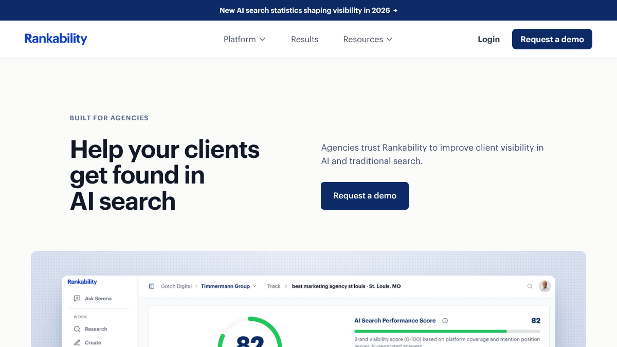 Rankability homepage, built for agencies, showing the request-a-demo flow and a product interface with an AI Search Performance Score of 82 and an agency-to-client workspace
