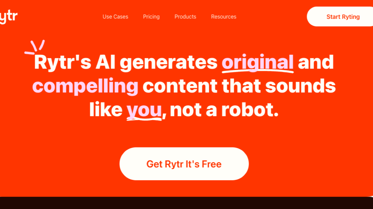 Rytr homepage promising original AI-generated content that mirrors the writer's own voice