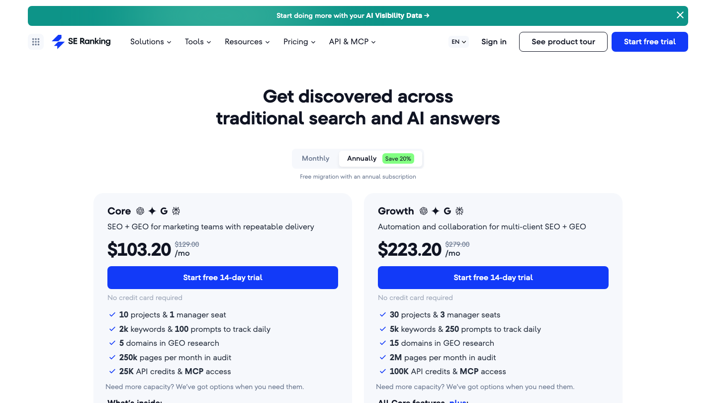 SE Ranking pricing page showing the Core plan at $103.20 per month and Growth at $223.20 per month billed annually, each with a 14-day free trial and no credit card required