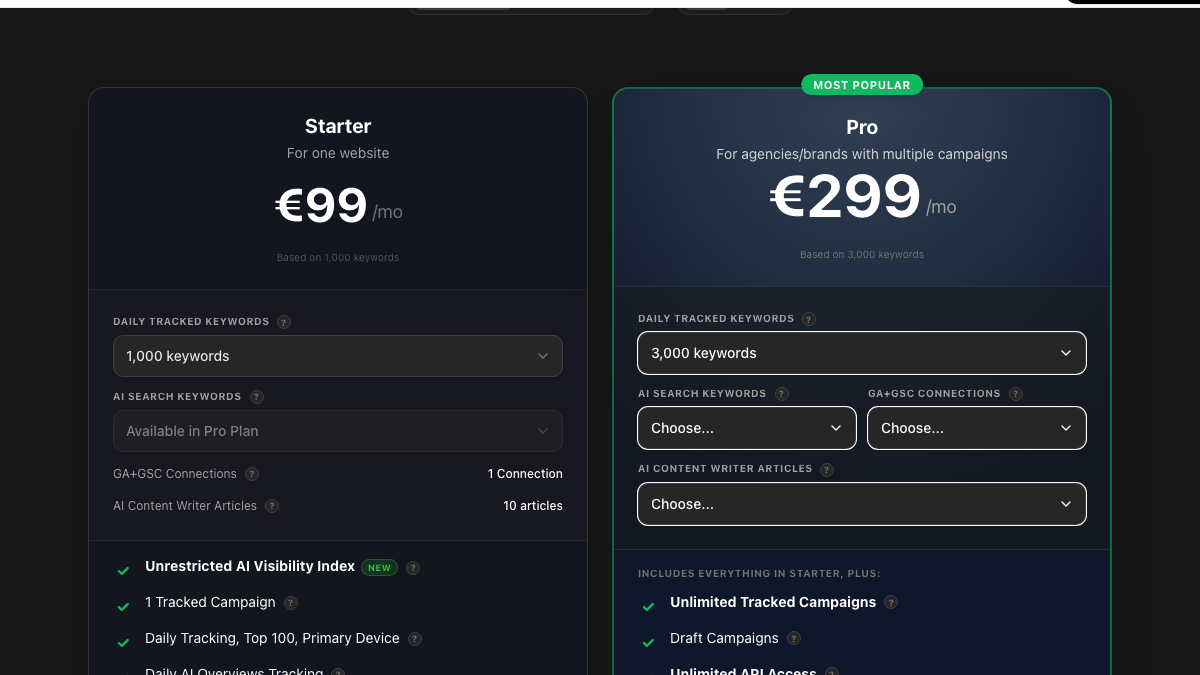 SEOmonitor pricing cards for Starter at €99 a month and Pro at €299 a month, with AI Search keywords available only on Pro